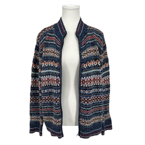 Vintage Y2K Tiara Fair Isle Full Zip Sweater High Neck Blue Pink Medium - Picture 2 of 7